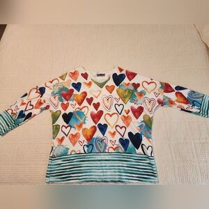 Italian Modes Crystal Artsy Heart Design Women's Long Sleeve Vneck Top Up To 2X